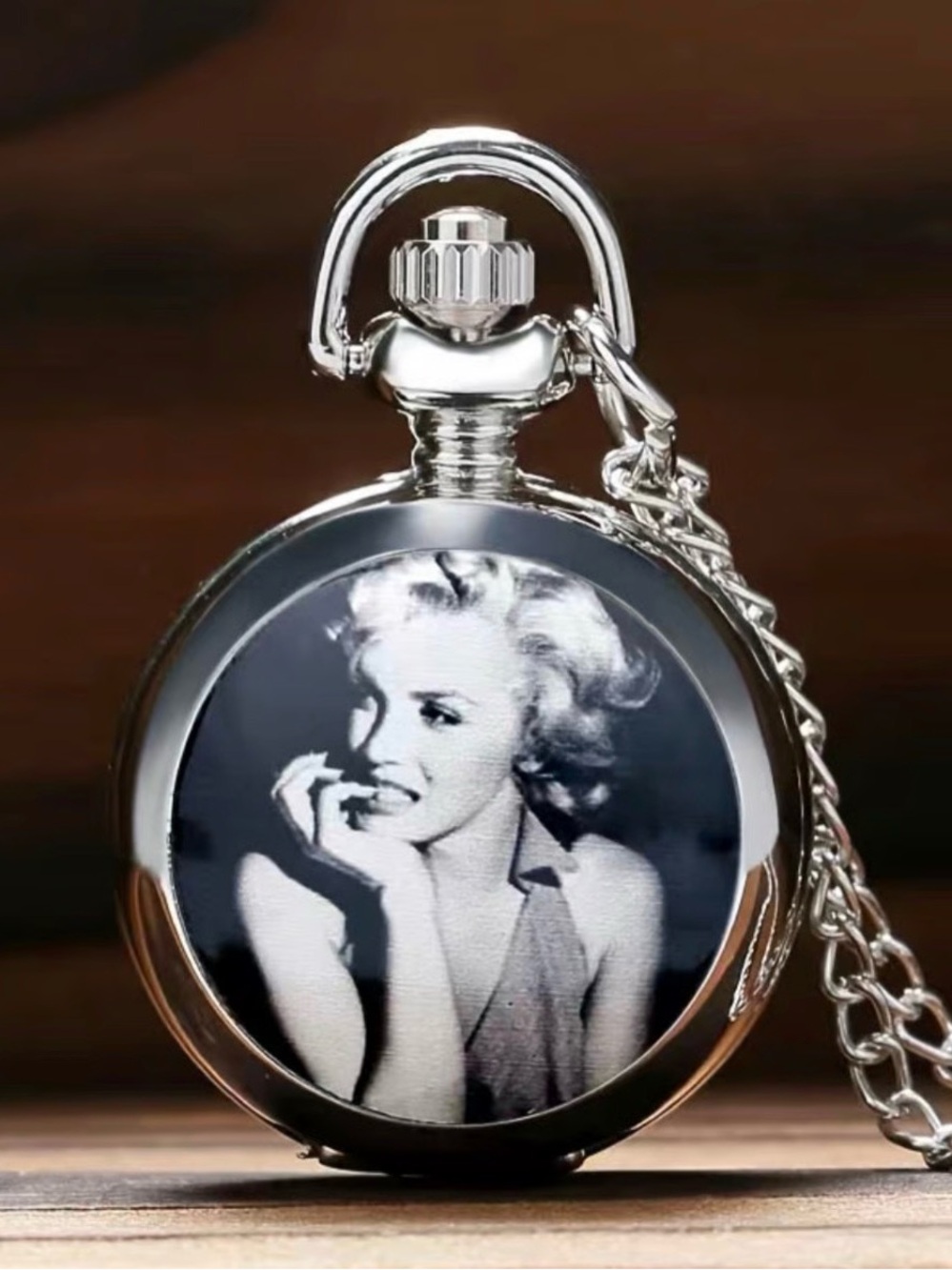 Vintage Marilyn Monroe Silver Pocket Watch Necklace with Vintage Portrait
